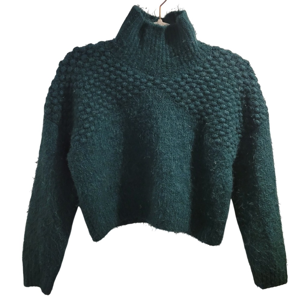 Free People Teal Green Popcorn Stitch Mock Neck Fuzzy‎ Knit Sweater Small